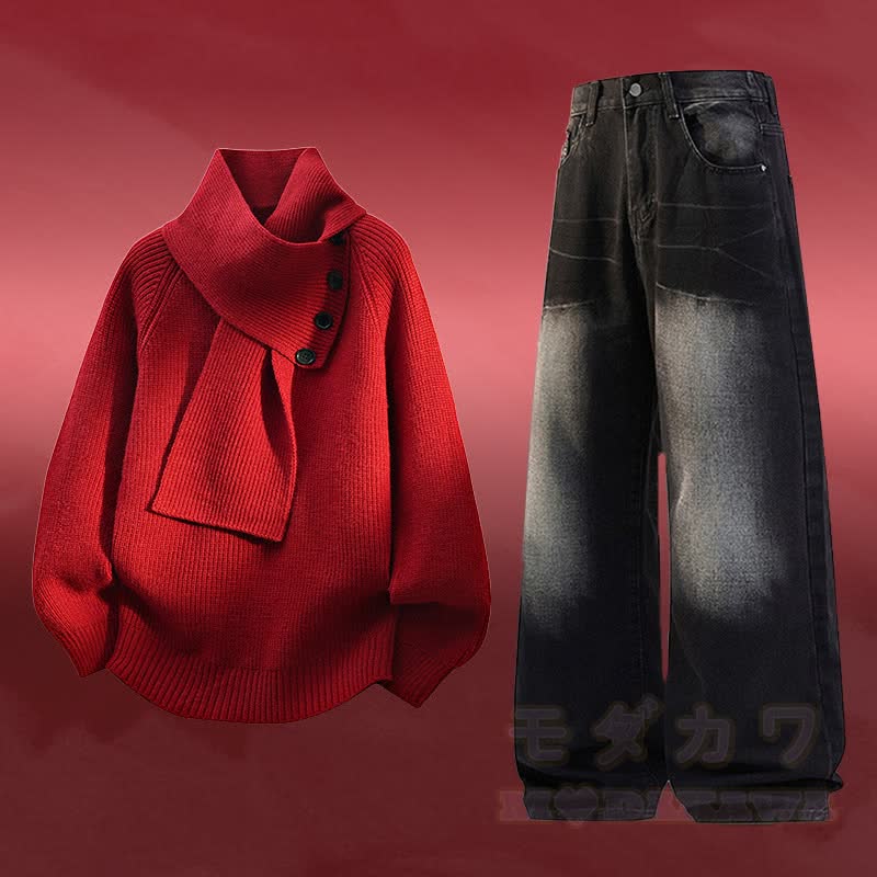 Zweiteiler: Strickpullover mit Fleecefutter und Jeans - Satz D - 3XL - image 4