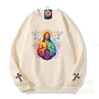 Modakawa Sweatshirt mit Regenbogen-Gebetstauben-Kreuz-Grafik - Beige - 5XL - image 3