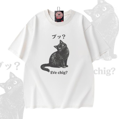EVE CHIG Katzenmotiv Modakawa Vintage gewaschenes T-Shirt aus 100 % Baumwolle - White - 5XL - image 2