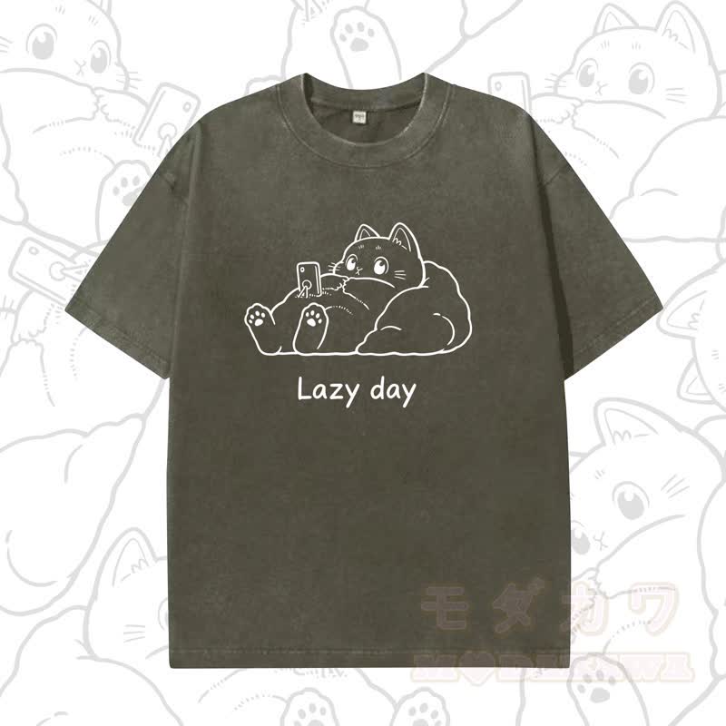 MODAKAWA LAZY DAY Kurzarm-T-Shirt mit niedlichem Katzenprint - Dunkelgrün B - 5XL - image 5