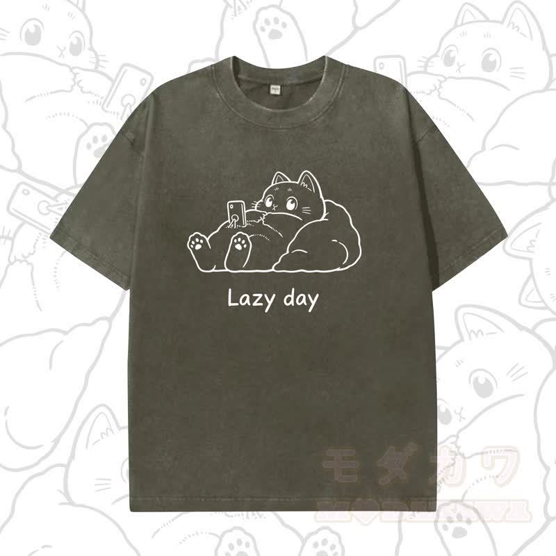 MODAKAWA LAZY DAY Kurzarm-T-Shirt mit niedlichem Katzenprint - Dunkelgrün B - 5XL - image 5
