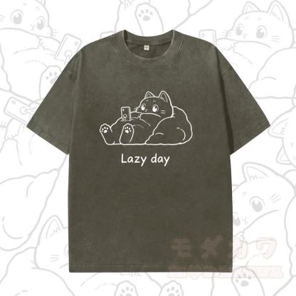 MODAKAWA LAZY DAY Kurzarm-T-Shirt mit niedlichem Katzenprint - Dunkelgrün B - 5XL - image 5