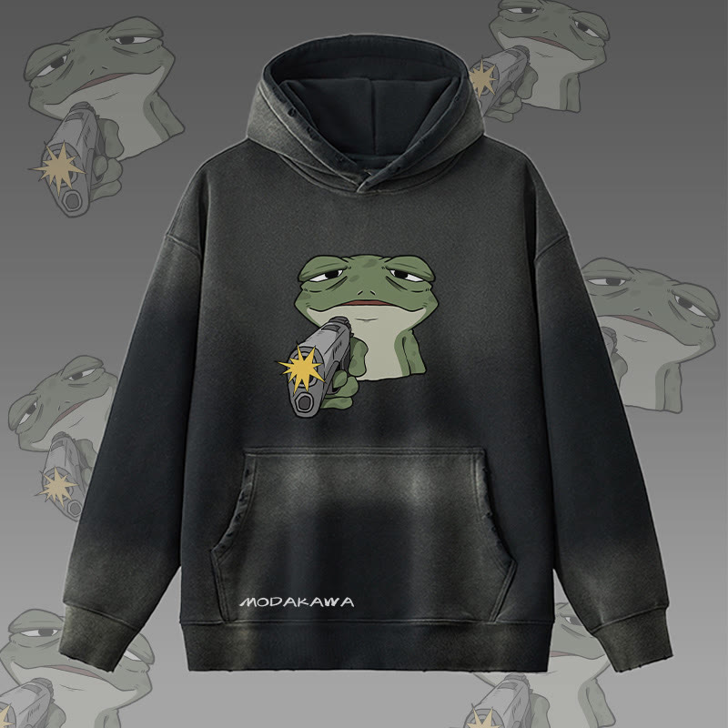 MODAKAWA Hoodie mit Frosch-und-Pistolen-Motiv im Vintage-Look, gefüttert mit Fleece - Black - 2XL - image 5