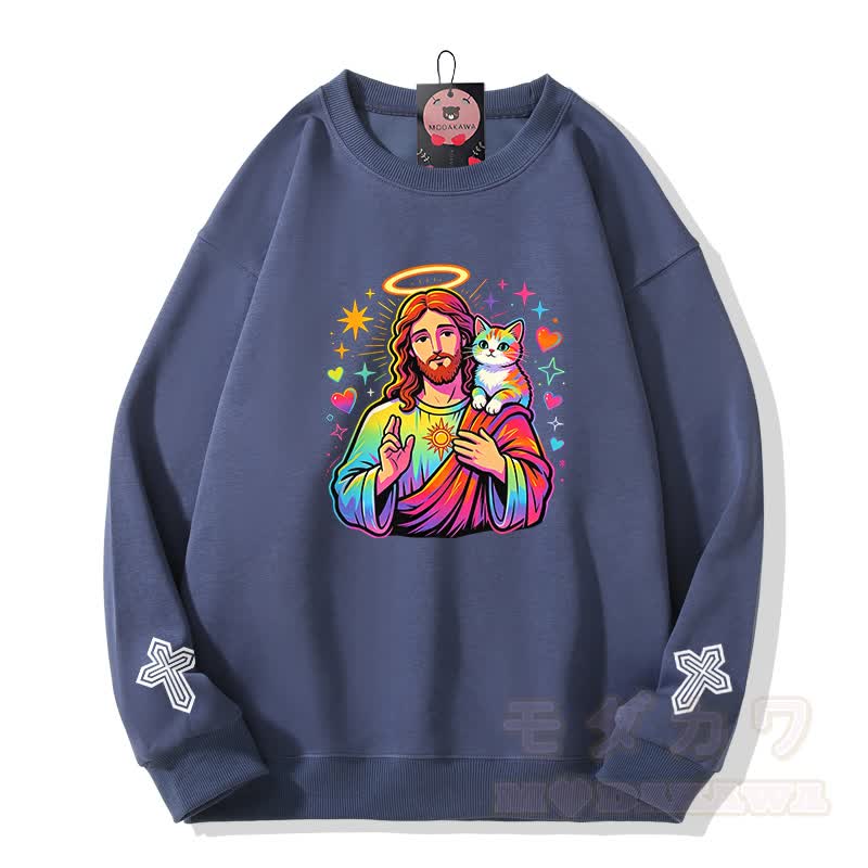 Modakawa Sweatshirt mit Regenbogen-Engel-Gebetskatzen-Kreuz-Grafik - Staubiges Blau - 5XL - image 4