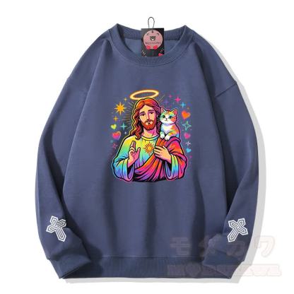 Modakawa Sweatshirt mit Regenbogen-Engel-Gebetskatzen-Kreuz-Grafik - Staubiges Blau - 5XL - image 4