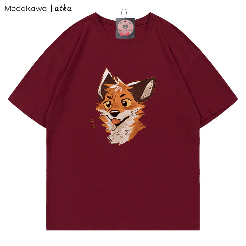 MODAKAWA X atka Freches T-Shirt mit Fuchsmotiv und herausgestreckter Zunge - Wine Red - 5XL - image 7