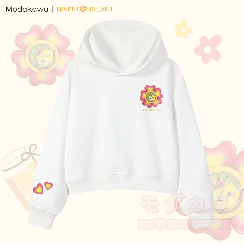 MODAKAWA X INVERTOUCH_ART Flower Bee Graphic Modakawa Cropped Cotton Hoodie - Weiß C - 3XL - image 6