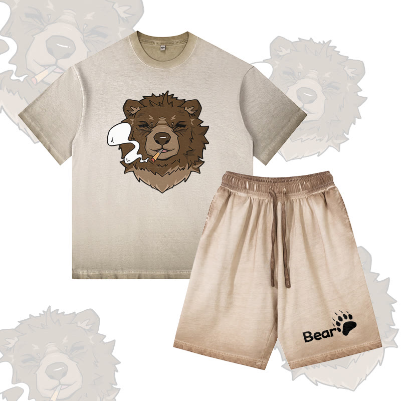 Smoking Bear Grafik Vintage Washed T-Shirt, BEAR Buchstaben Grafik Shorts, Modakawa Gradient Zweiteiliges Set - Khaki - 5XL - image 2