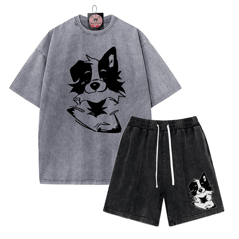 Zweiteiliges Set mit T-Shirt mit flauschiger Welpengrafik und verwaschenen Vintage-Shorts - Grey&Black - 3XL - image 8