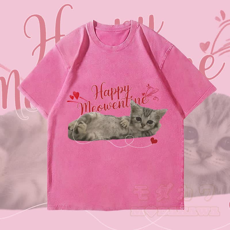 MODAKAWA HAPPY MEOWENTINE Süßes Katzenmotiv Unisex Vintage Washed T-Shirt - Rosenrot - 4XL - image 4
