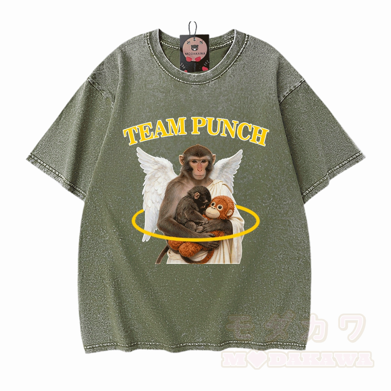 TEAM PUNCH Angel Monkey Graphic Modakawa Unisex Vintage Washed T-Shirt - Grün - 5XL - image 10
