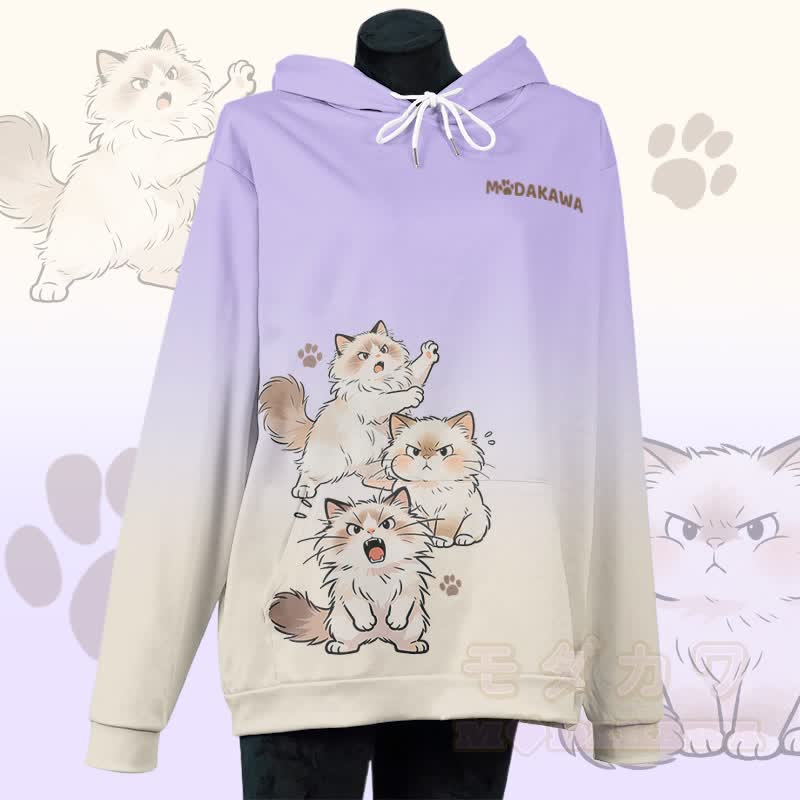 MODAKAWA Pullover-Hoodie mit Allover-Print einer wütenden Katze - Lila - 5XL - image 3