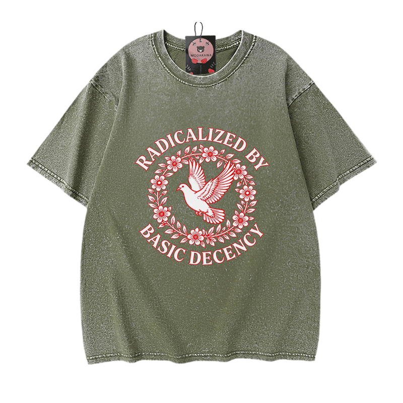 RADIKALISIERT DURCH GRUNDLEGENDE ANSTÄNDIGKEIT Taubengrafik Modakawa Vintage Washed 100% Baumwoll-T-Shirt - Green - 5XL - image 9