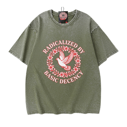 RADIKALISIERT DURCH GRUNDLEGENDE ANSTÄNDIGKEIT Taubengrafik Modakawa Vintage Washed 100% Baumwoll-T-Shirt - Green - 5XL - image 9