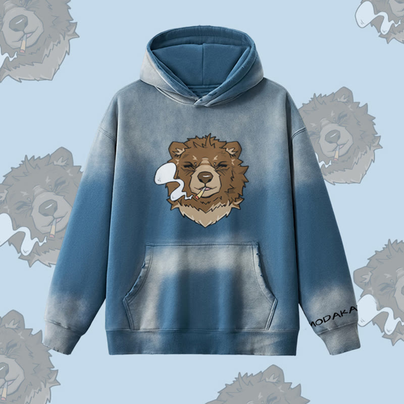MODAKAWA Smoking Bear Graphic Vintage Washed Fleece Lined Hoodie - Blue - 2XL - image 2