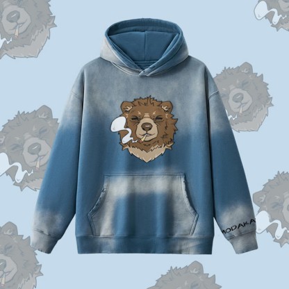 MODAKAWA Smoking Bear Graphic Vintage Washed Fleece Lined Hoodie - Blue - 2XL - image 2