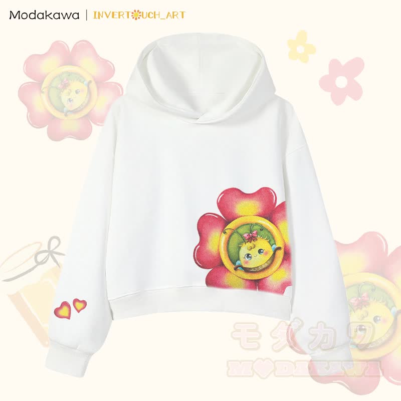 MODAKAWA X INVERTOUCH_ART Flower Bee Graphic Modakawa Cropped Cotton Hoodie - Weiß A - 3XL - image 4