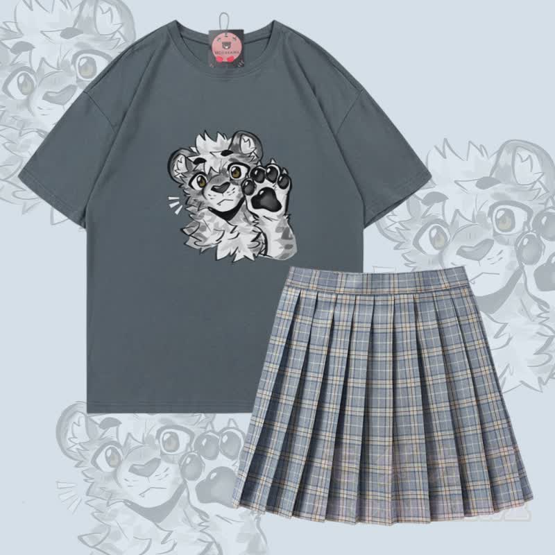 MODAKAWA X atka Tiger Paw Graphic 100% Baumwoll-T-Shirt und karierter Rock Zweiteiliges Set - Satz C - 5XL - image 3