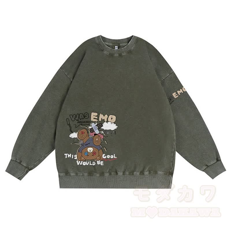 MODAKAWA I WAS EMO Upside Down Bear Graphic Unisex Vintage Washed Sweatshirt - Grün - 3XL - image 4
