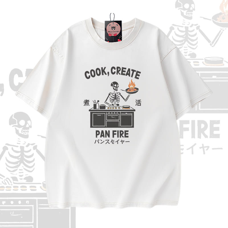 COOK CREATE PAN FIRE Skelett-Grafik Modakawa Vintage Washed 100% Cotton T-Shirt - White - 5XL - image 2