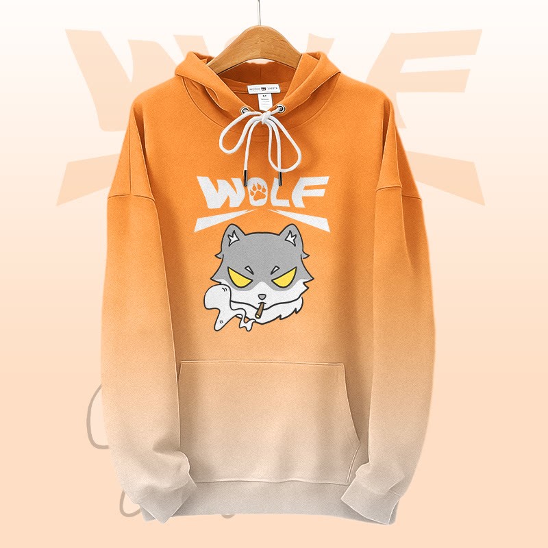 MODAKAWA Pullover-Hoodie mit Farbverlauf und Allover-Print eines rauchenden Wolfs - Orange - 8XL - image 2
