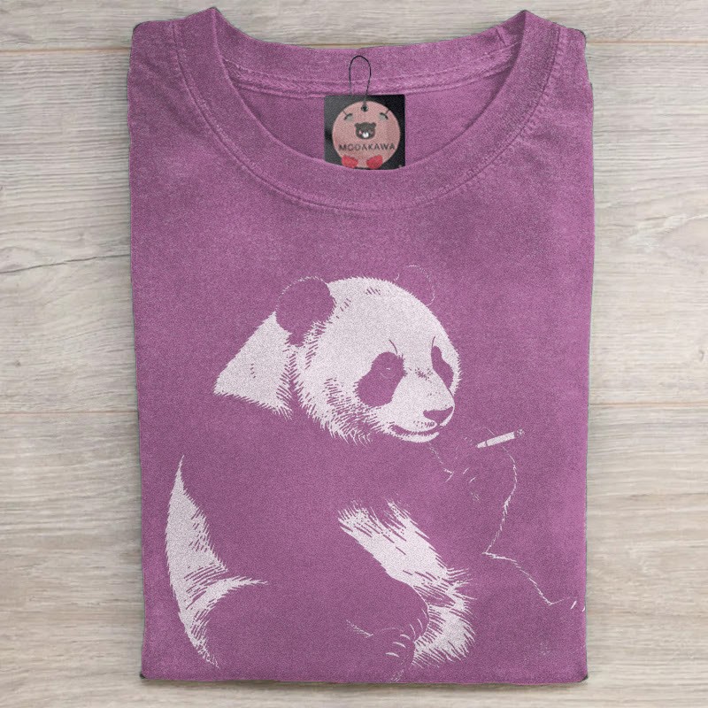 MODAKAWA Smoking Panda Grafik Unisex Vintage Washed T-Shirt - Purple - 5XL - image 3