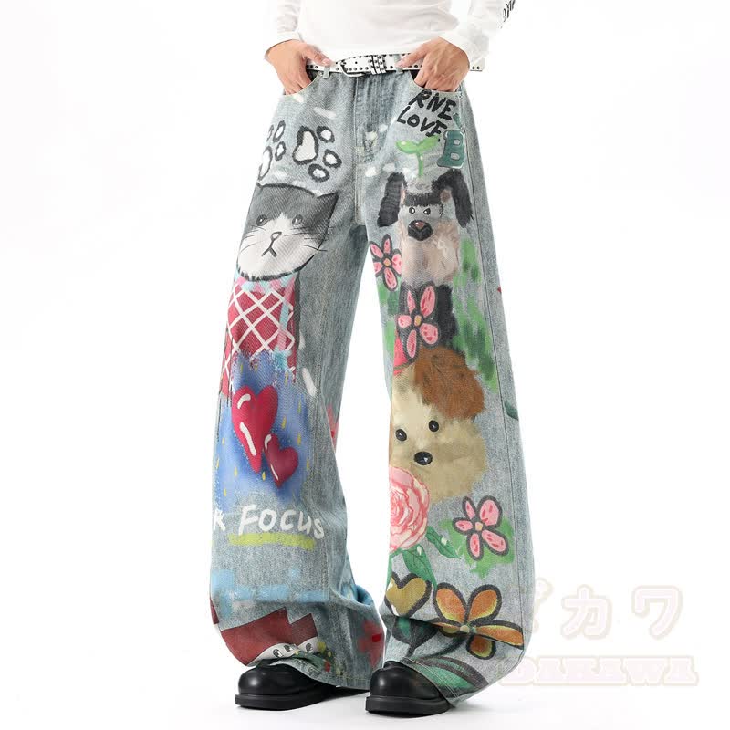Jeans mit Cartoon-Katzen- und Blumenmuster, gewaschen, weites Bein - image 6