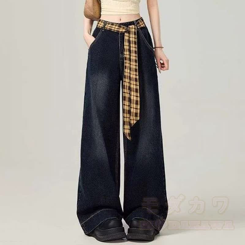 Vintage-Karohemd, Ledermantel, High-Waist-Jeans mit weitem Bein, dreiteiliges Set - Hose - 4XL - image 5