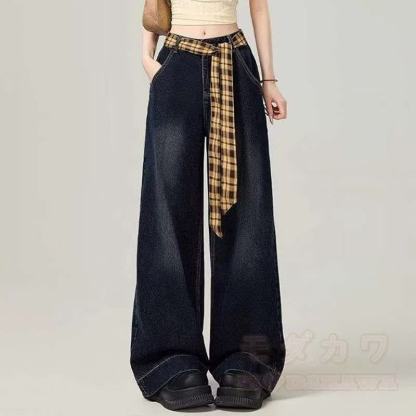 Vintage-Karohemd, Ledermantel, High-Waist-Jeans mit weitem Bein, dreiteiliges Set - Hose - 4XL - image 5