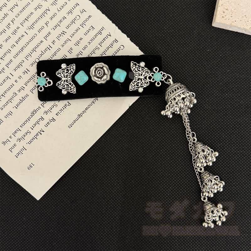 Elegante Haarspange mit Strass-Glockenquaste und Kette - Haarspange mit türkisfarbener Blumenkette - image 7