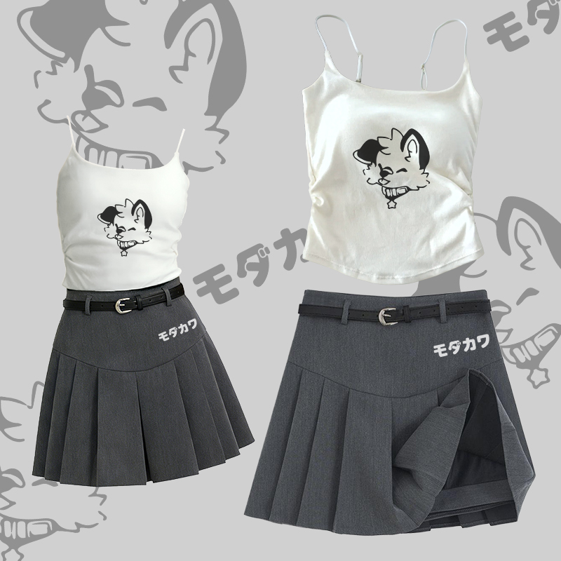 MODAKAWA X popipeko Lustiges Fuchs-Motiv: Zweiteiliges Set aus Trägertop, Gürtel und Faltenrock - Set C - L - image 3