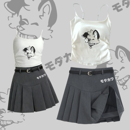 MODAKAWA X popipeko Lustiges Fuchs-Motiv: Zweiteiliges Set aus Trägertop, Gürtel und Faltenrock - Set C - L - image 3