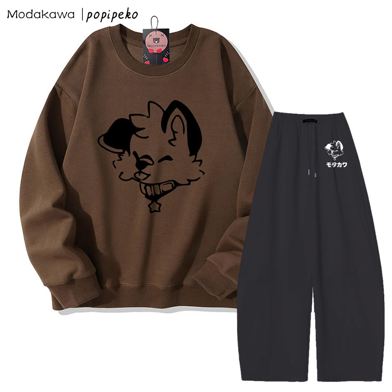 MODAKAWA X popipeko Sweatshirt mit Zungen-Welpen-Grafik, weit geschnittene Hose, zweiteiliges Set - Brown&Black - 5XL - image 7