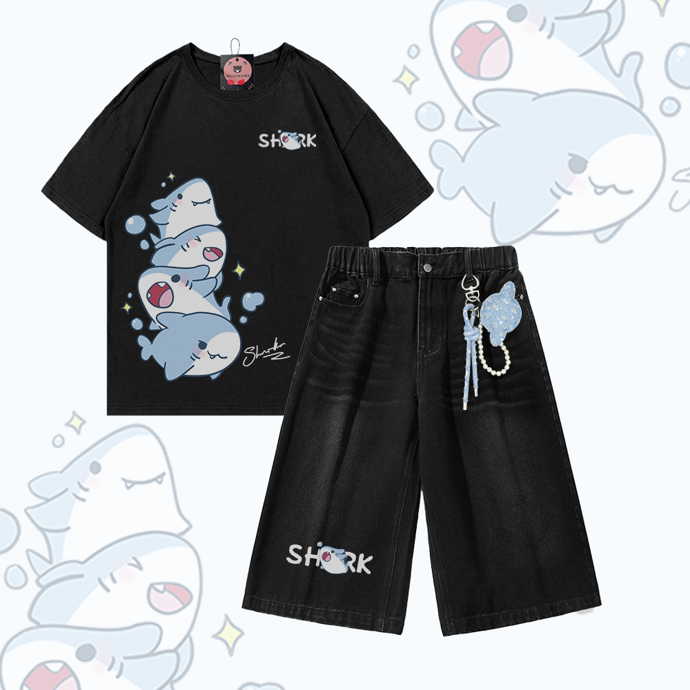 Modakawa Vintage Washed T-Shirt und Denim-Shorts Zweiteiliges Set mit Hai-Motiv - Set B - 3XL - image 2