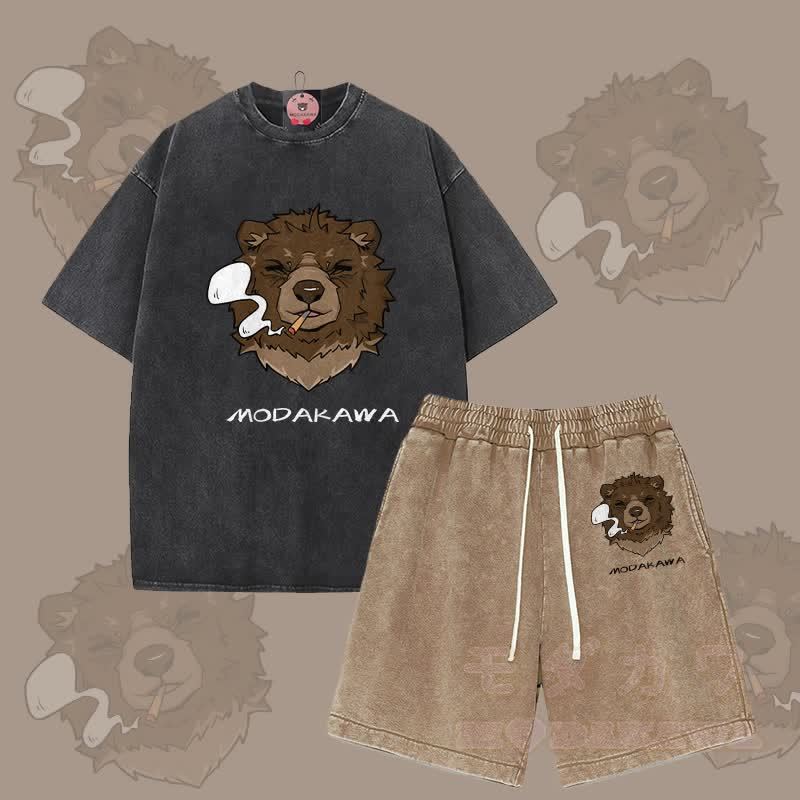 MODAKAWA Smoking Bear Grafik Vintage Washed T-Shirt Shorts Zweiteiliges Set - Schwarz & Braun - 3XL - image 4