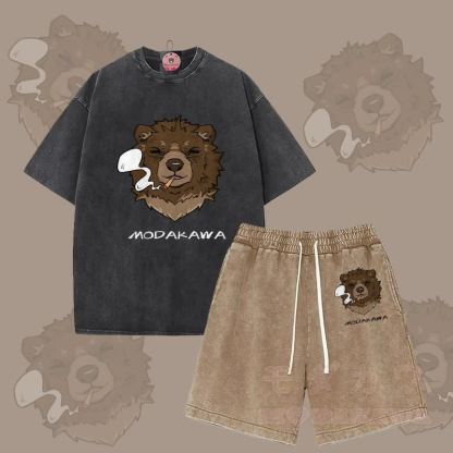 MODAKAWA Smoking Bear Grafik Vintage Washed T-Shirt Shorts Zweiteiliges Set - Schwarz & Braun - 3XL - image 4