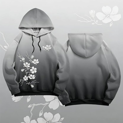 MODAKAWA Vintage Pullover Hoodie mit Pflaumenblüten-Grafik - Grey - 6XL - image 3