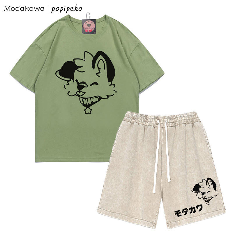 MODAKAWA X popipeko Puppy Letter T-Shirt und Vintage Washed Shorts Zweiteiliges Set - Green&Apricot - 3XL - image 6