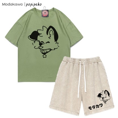 MODAKAWA X popipeko Puppy Letter T-Shirt und Vintage Washed Shorts Zweiteiliges Set - Green&Apricot - 3XL - image 6