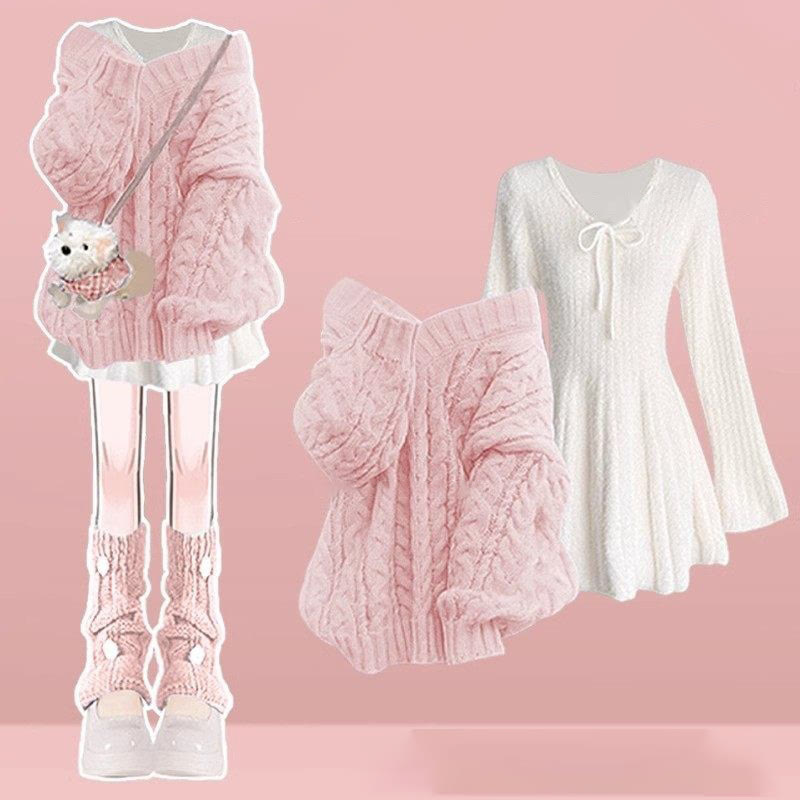 Zweiteiliges Set aus süßem V-Ausschnitt-Strickpullover und Kleid - Rosa Top + weißes Kleid - 4XL - image 4