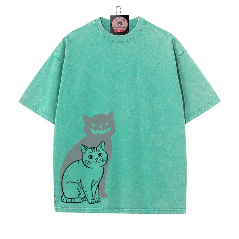 Katze Kürbis Schatten Halloween Grafik Unisex Vintage Washed T-Shirt - Grün - 5XL - image 4