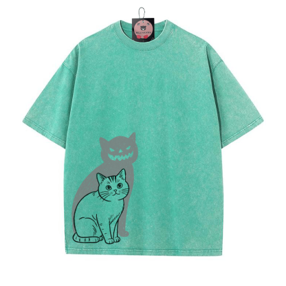 Katze Kürbis Schatten Halloween Grafik Unisex Vintage Washed T-Shirt - Grün - 5XL - image 4