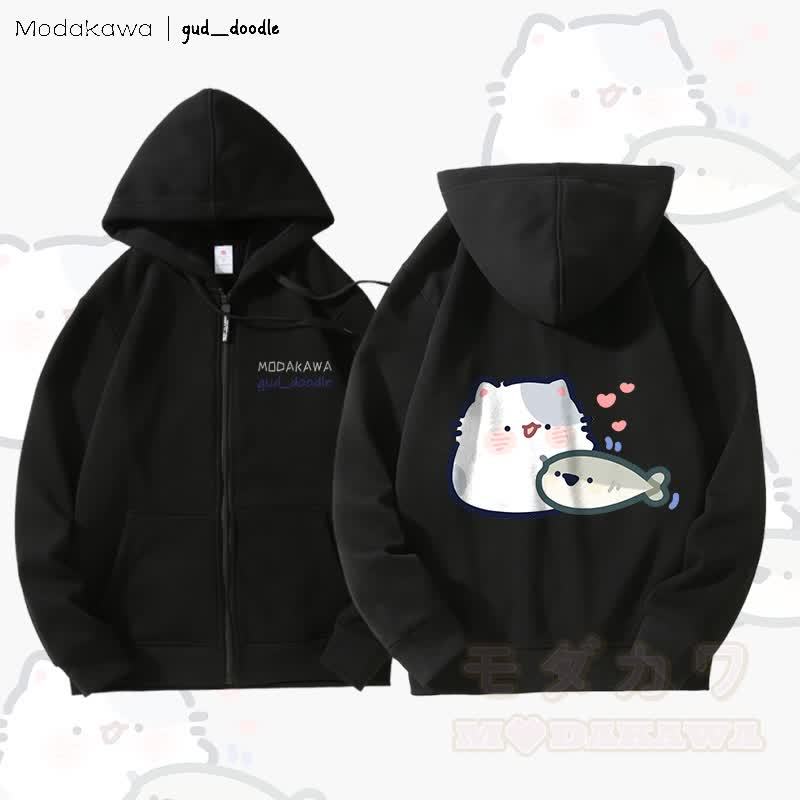 MODAKAWA x gud_doodle Kitty and Fish Graphic Fleece Lined Zip Up Hoodie Sweatshirt - Schwarz - 5XL - image 5