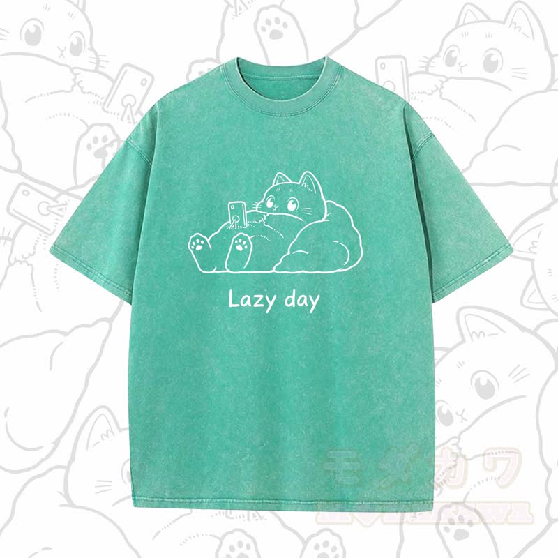 MODAKAWA LAZY DAY Kurzarm-T-Shirt mit niedlichem Katzenprint - Grün B - 5XL - image 7