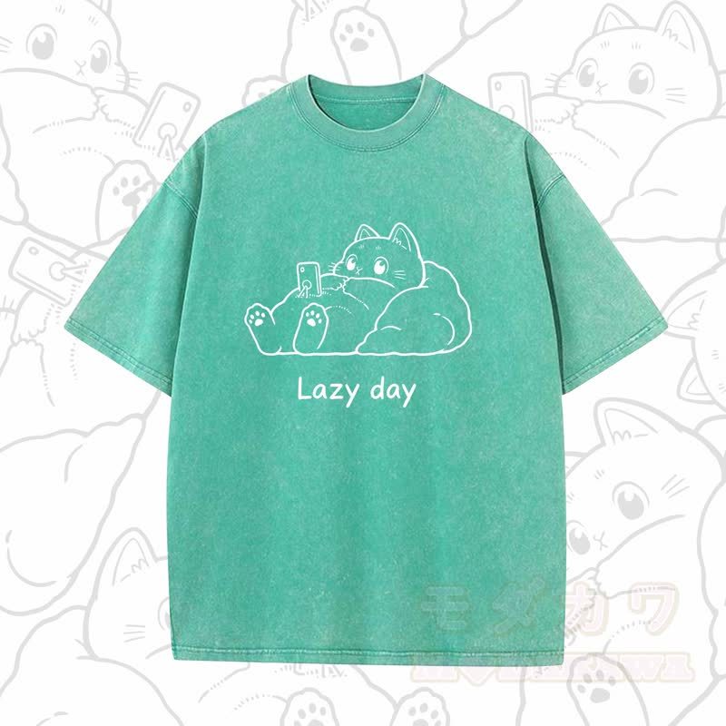 MODAKAWA LAZY DAY Kurzarm-T-Shirt mit niedlichem Katzenprint - Grün B - 5XL - image 7