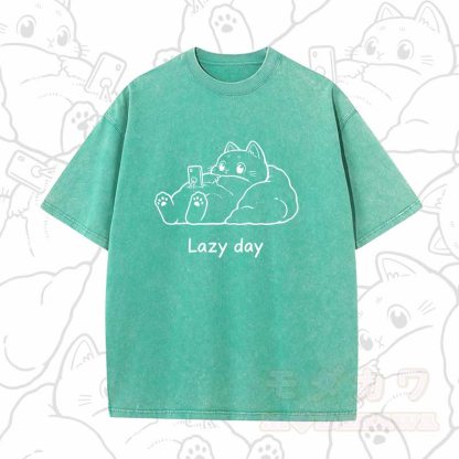 MODAKAWA LAZY DAY Kurzarm-T-Shirt mit niedlichem Katzenprint - Grün B - 5XL - image 7