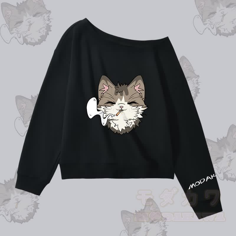 MODAKAWA Smoking Cat Graphic Off Shoulder Sweatshirt - Schwarz - L - image 3
