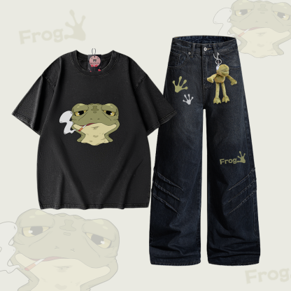 Zweiteiliges Set von Modakawa: Zweiteiliges Set aus 100% Baumwolle mit Smoking Frog Graphic Vintage Washed T-Shirt und Jeans. - Set C - 2XL - image 3