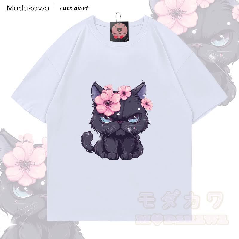 MODAKAWA X cute.aiart Schwarze Katze Grafik 100% Baumwolle T-Shirt - Weiß - 5XL - image 3