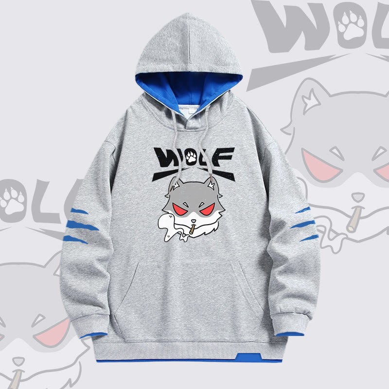 Modakawa Oversized Pullover Hoodie mit Smoky-Wolf-Grafik und Kontrastfutter - Grey - 4XL - image 3